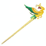 Gold Finish Red Enamel Phoenix Hair Stick with Rhinestones