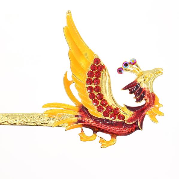 Gold Finish Enamel Phoenix Hair Stick with Rhinestones