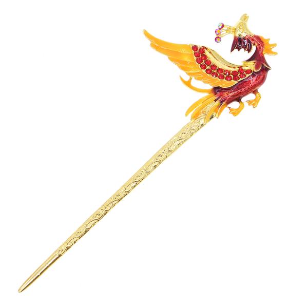 Gold Finish Purple Enamel Phoenix Hair Stick with Rhinestones