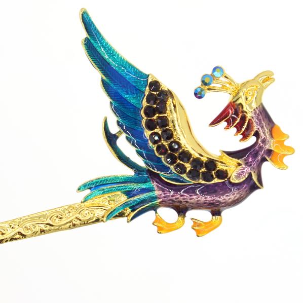 Gold Finish Enamel Phoenix Hair Stick with Rhinestones