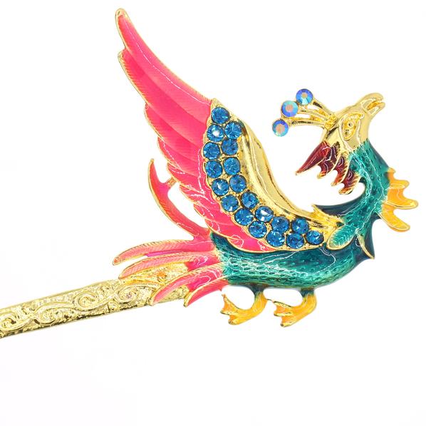 Gold Finish Enamel Phoenix Hair Stick with Rhinestones