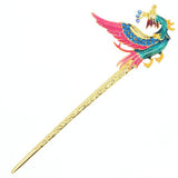 Gold Finish Enamel Phoenix Hair Stick with Rhinestones