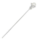 Silver Finish Rhinestone Hair Stick with Large Pearl