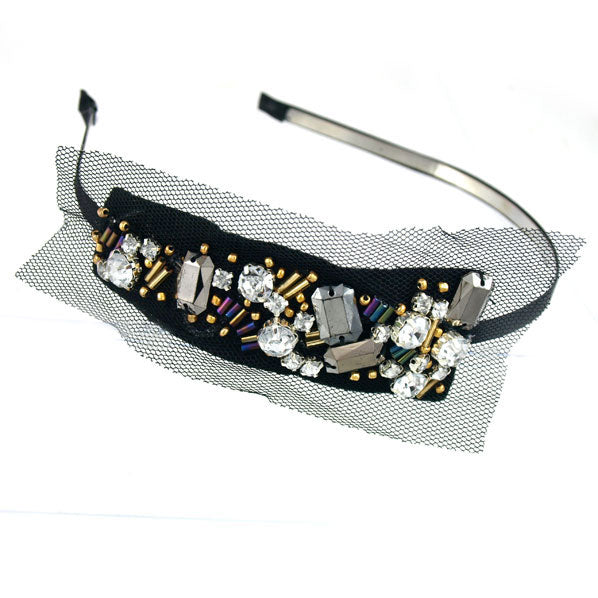 Hairband with Beads and Rhinestones Black