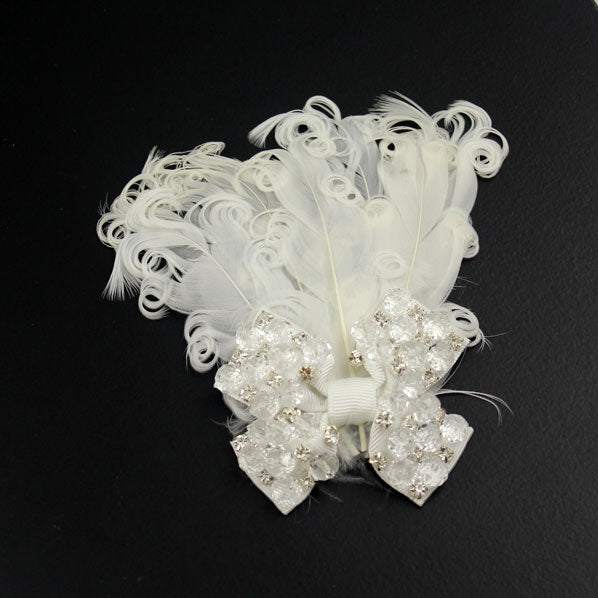 Curly White Feather with Bejeweled Bow Hairband Adjustable Removable