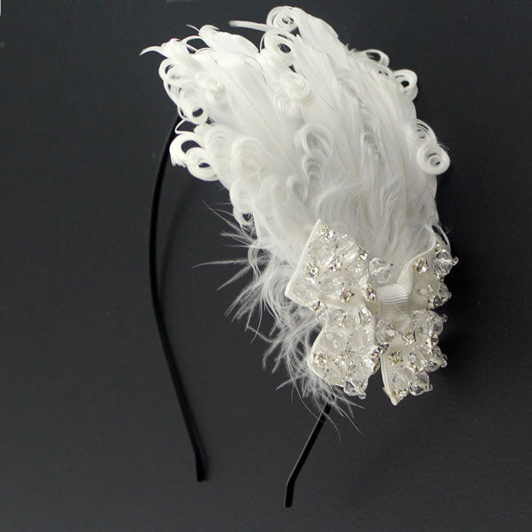 Curly White Feather with Bejeweled Bow Hairband Adjustable Removable