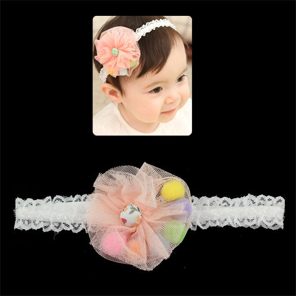 Girls White Lace Stretch  Headband with Mesh Flower and Colorful Beads Yellow