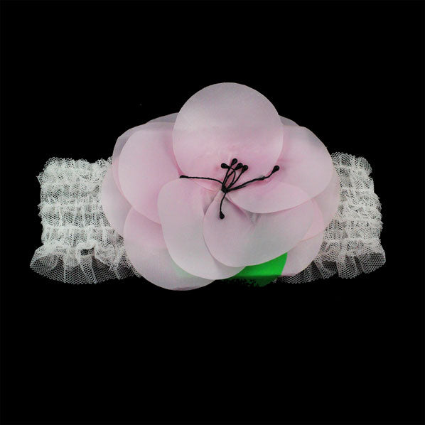 Babys White Wide Stretch Headband with Pink Flower