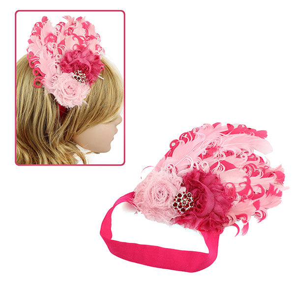 Girls Duel-Tone Pink Curly Feather & Flowers Pink Stretch Hairband