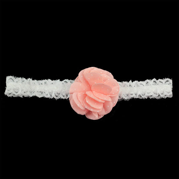 Girls White Lace Stretch Hairband with Dotted Lilac Flower