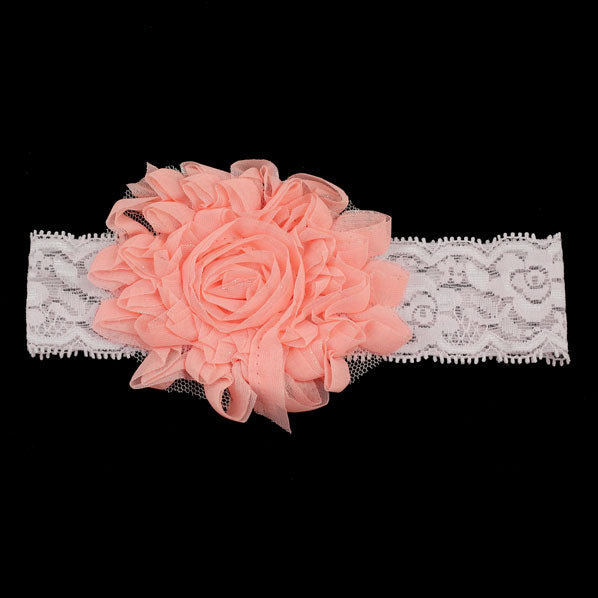 Girls Stretch Lace Headband with Large Flat Flower Peach