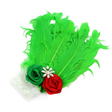 Girl's White Lace Stretch Headband w/ Green Feather & Flowers