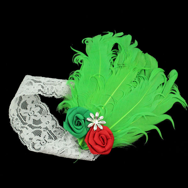 Girl's White Lace Stretch Headband w/ Green Feather & Flowers
