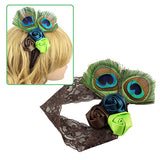 Girl's Brown Lace Stretch Headband w/ Peacock Feather & Satin Roses