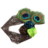 Girl's Brown Lace Stretch Headband w/ Peacock Feather & Satin Roses