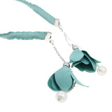 Fabric Wrapped Hair Band Headband with Earring-like Floral Tassels Green