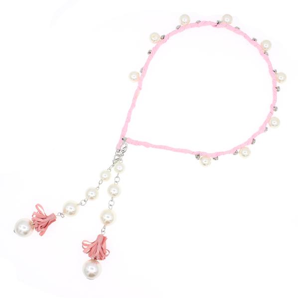 Fabric Wrapped Headband w/ Glass Pearls Rhinestones & Earring-like Tassels Pink