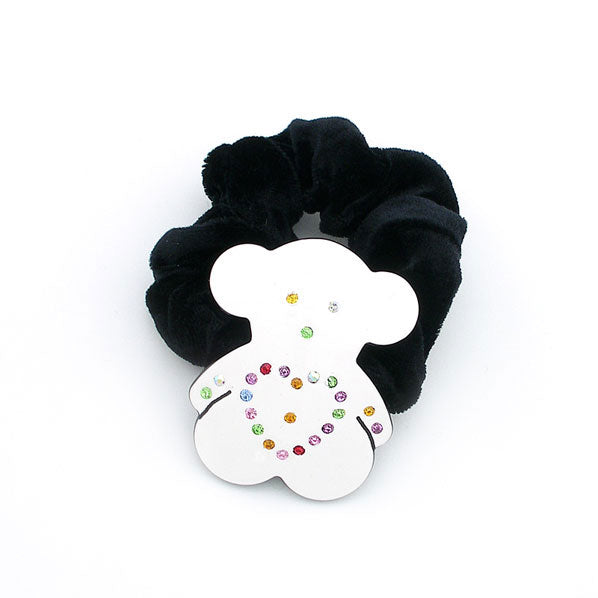 White Love Bear Velvet Ponytail Holder with Multi-colored Rhinestones