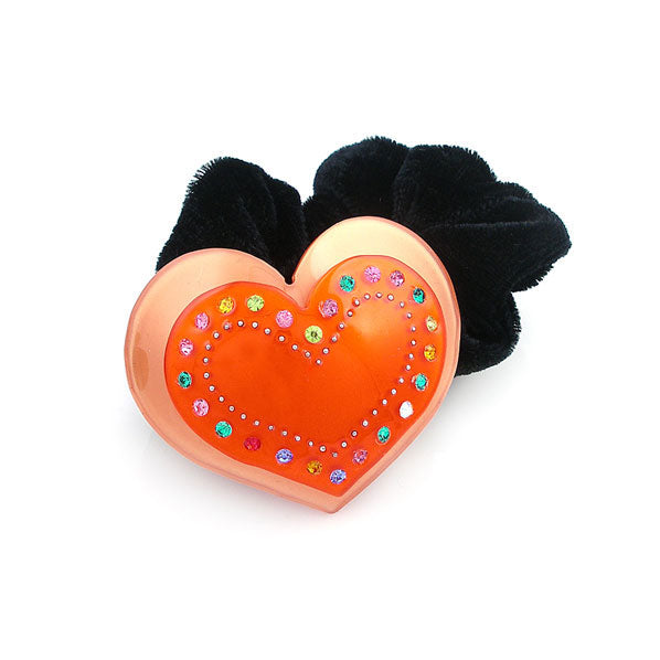 Orange Acrylic Heart Velvet Ponytail Holder with Czech Crystals