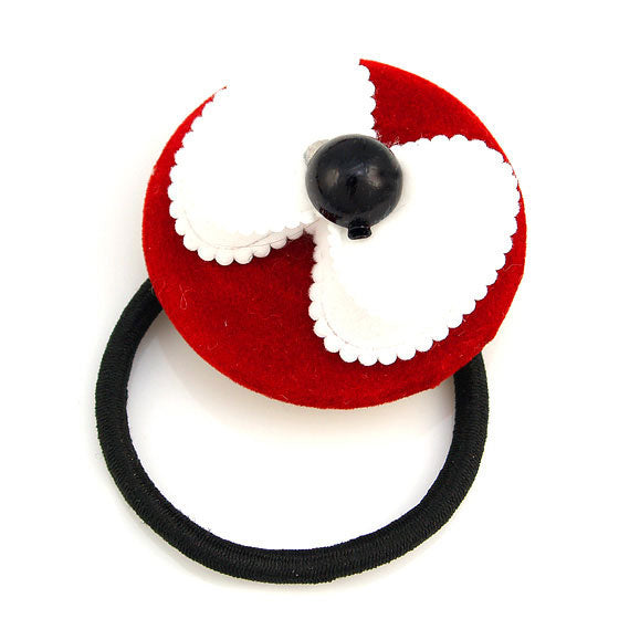White Bow on Red Disc Ponytail Holder