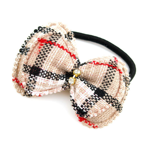 Grid Pattern Fabric Ponytail Holder Cream