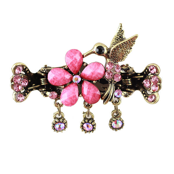 Antique Brass Finish Rhinestone Hummingbird Floral Mini Claw w/ Tassels Colorful