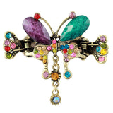 Antique Brass Finish Rhinestone Butterfly Mini Claw w/ Tassels Colorful