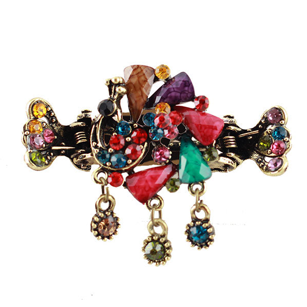 Antique Brass Finish Rhinestone Peacock Mini Claw w/ Tassels Colorful