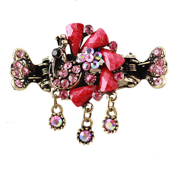 Antique Brass Finish Rhinestone Peacock Mini Claw w/ Tassels Pink