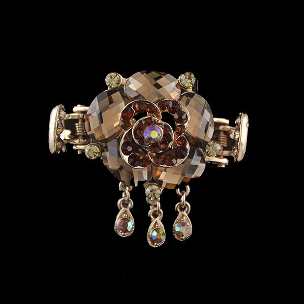Gold Finish Purple Rhinestone Flower Mini Hair Claw w/ Tassels