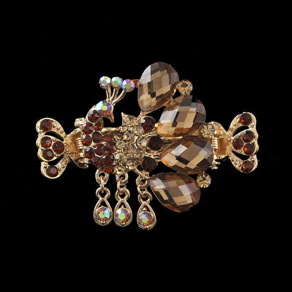 Gold Finish Topaz Rhinestone Peacock Mini Hair Claw w/ Tassels