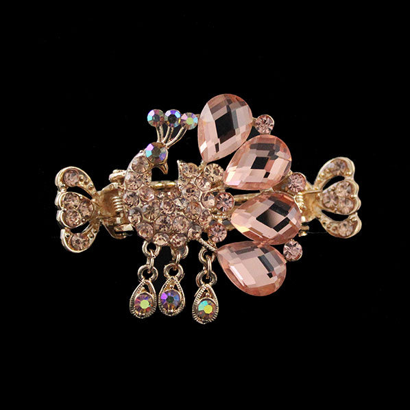 Gold Finish Champagne Rhinestone Peacock Mini Hair Claw w/ Tassels