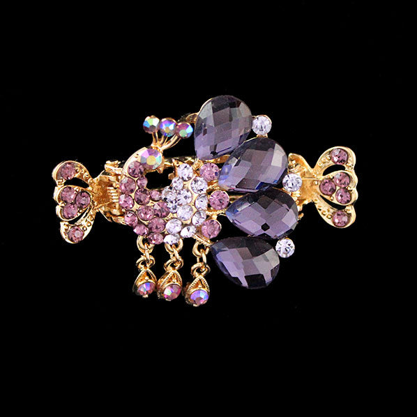 Gold Finish Purple Rhinestone Peacock Mini Hair Claw w/ Tassels