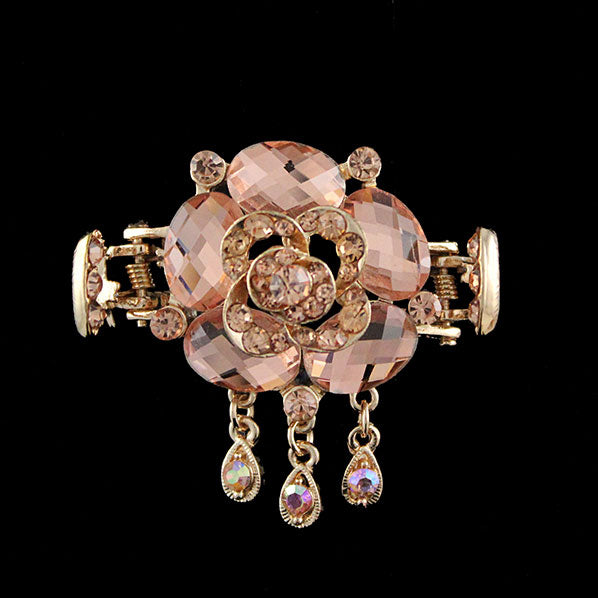 Gold Finish Champagne Rhinestone Flower Mini Hair Claw w/ Tassels