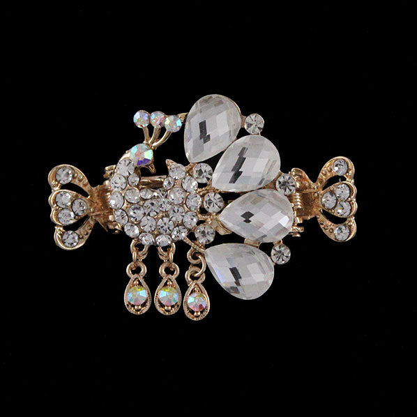 Gold Finish Clear Rhinestone Peacock Mini Hair Claw w/ Tassels