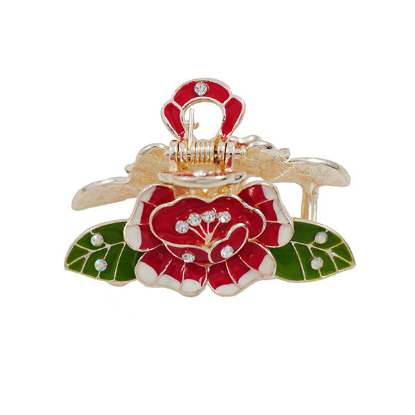 Pale Gold Finish Small Hair Claw w/ Enamel Flower & Rhinestones Red