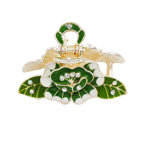Pale Gold Finish Small Hair Claw w/ Enamel Flower & Rhinestones Blue