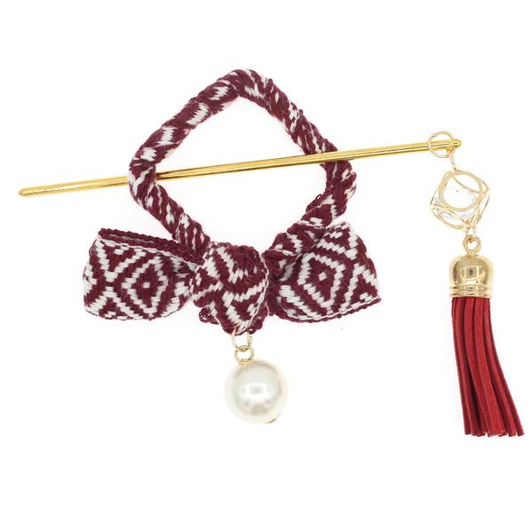Black Wrapped Bow Geometric Bun Cover and Hair Stick with Tassel 2-pc Set