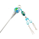 Cloisonne Bead Hair Stick with Tassels 7" Aqua