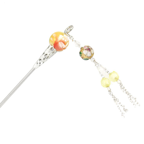 Cloisonne Bead Hair Stick with Tassels 7" Yellow