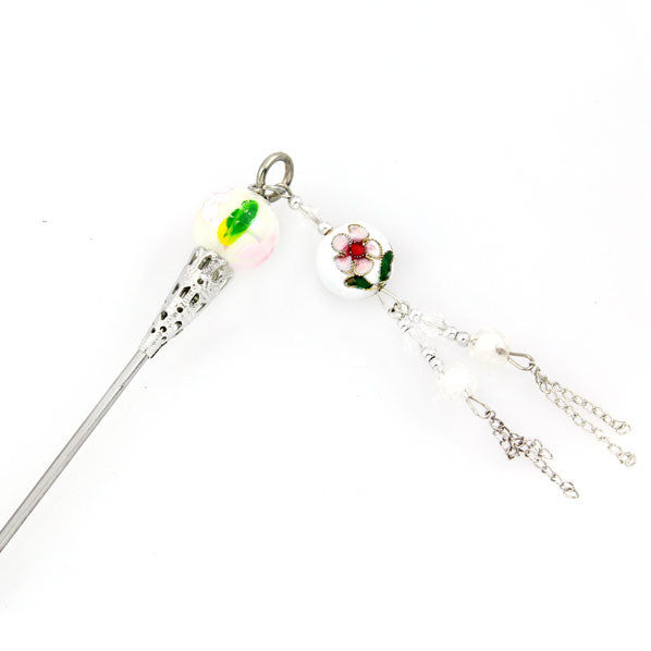Cloisonne Bead Hair Stick with Tassels 7" White