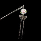 Polymer Rose Hair Stick with Butterfly Tassels White