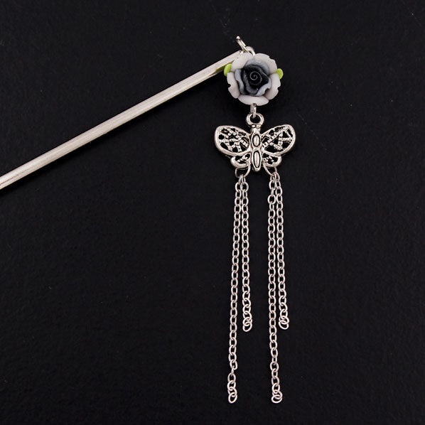 Polymer Rose Hair Stick with Butterfly Tassels Black