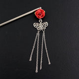 Polymer Rose Hair Stick with Butterfly Tassels Red
