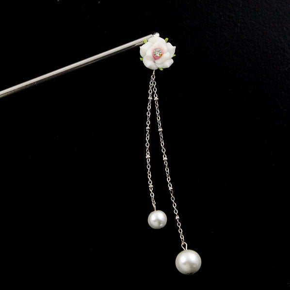 Polymer Rose Hair Stick with Pearl Tassels Blue