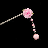 Polymer Rose Hair Stick with Detachable Pearl Tassel White