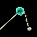 Polymer Rose Hair Stick with Detachable Pearl Tassel Green