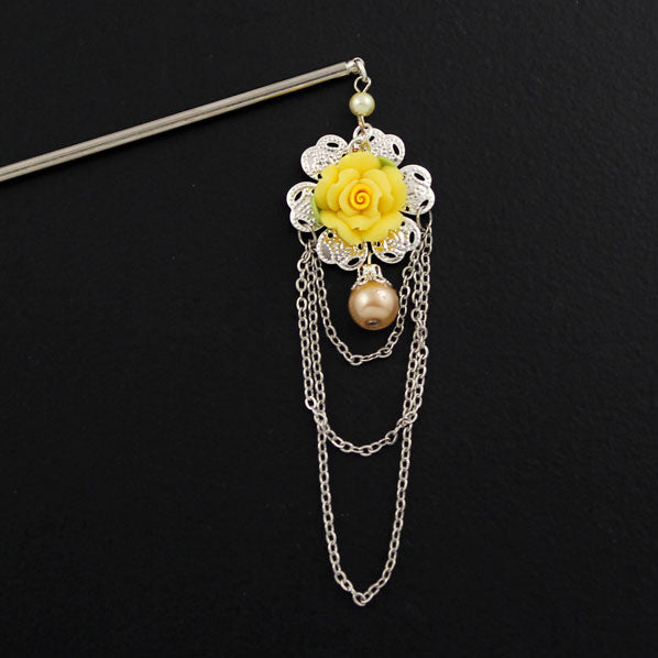 Polymer Rose Hair Stick with Pearl Drop and Tassels Yellow