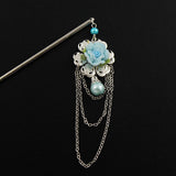 Polymer Rose Hair Stick with Pearl Drop and Tassels Blue
