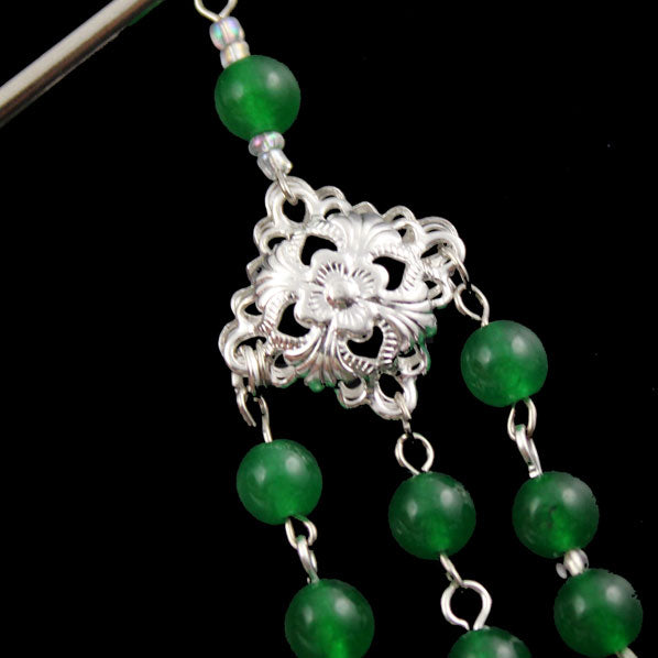 Diamond Shape Filigree Focal w/ Red Agate Tassels Hair Stick